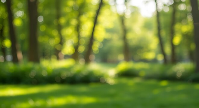 Blurred Green Park Landscape with Sunlight Filtering Through Trees
