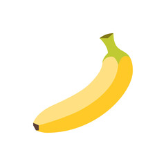 Illustration of a single ripe banana with a yellow peel and a green stem on a white background design