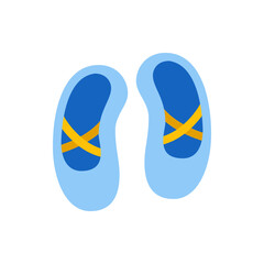 A pair of light blue ballet shoes with dark blue toe area and yellow ribbons on a white background image