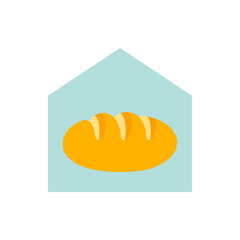 A cartoon style illustration of a loaf of bread with light blue background shaped like a house outline