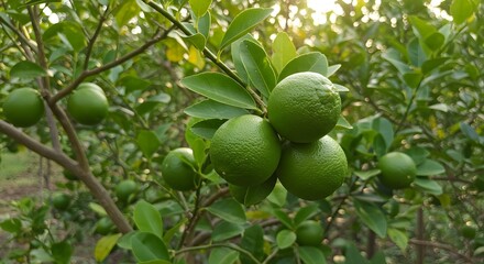 Lime Growing on Tree Branch with Green Leaves