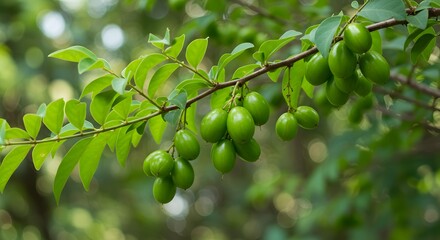 Green Fruit Hanging From Tree Branch in Natural Outdoor Setting