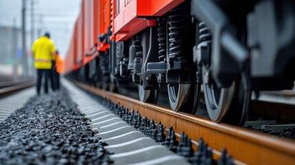 Fototapeta premium Close-Up View of Train Wheels on Tracks with Workers in Background