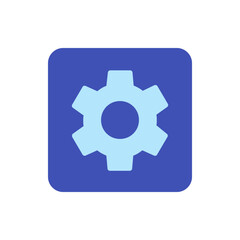Light blue gear icon with a circular center on a rounded corner dark blue square background graphic