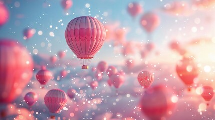 Obraz premium Romantic hot air balloons in a soft pastel sky filled with fluffy clouds and sparkling dust