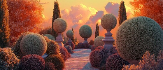Sunset Garden Path with Ornamental Spherical Trees