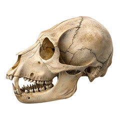 Naklejka premium Primate Skull: Detailed perspective of a primate skull, showcasing intricate skeletal structure, offering insights into comparative anatomy and zoology. 