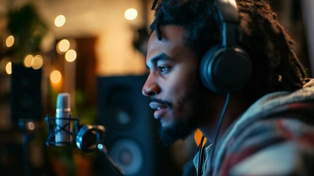 A focused man records music in a cozy home studio, wearing headphones and using a computer.