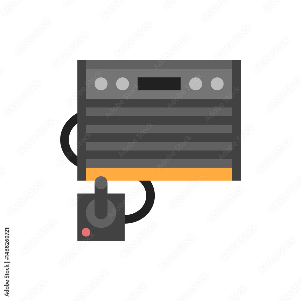Poster illustration of a retro arcade game console with a joystick and two circular buttons on the panel