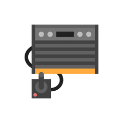 Illustration of a retro arcade game console with a joystick and two circular buttons on the panel