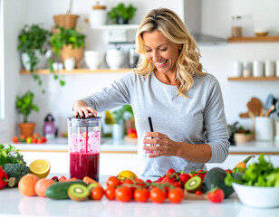 A cheerful middle-aged woman preparing a colorful  red smoothi 