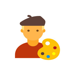 An artist with blonde hair wearing a beret and holding a yellow paint palette with multiple colors in it