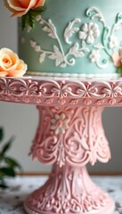 blue and pink cake with flowers on top