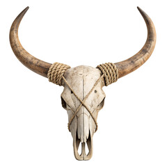 Fototapeta premium Rustic Skull Display: A weathered bovine skull, adorned with natural rope, stands as a powerful symbol of the Old West and enduring strength.
