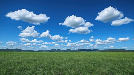 Expansive grassy plain under a vibrant blue sky dotted with puffy white clouds.  A vast, tranquil landscape
