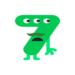 A green number seven cartoon character with three eyes a mustache and a surprised expression on a white background