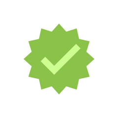Green starburst shape with jagged edges containing a light green check mark indicating approval or success
