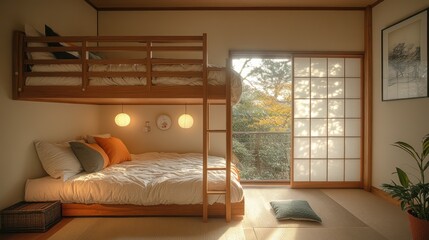 Low-profile bunk bed in a Japanese-inspired room, tatami mat flooring, shoji screen door slightly ajar letting in soft light