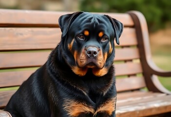 Fototapeta premium black and brown dog sitting on top of a wooden bench