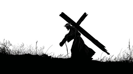 Jesus carrying the cross silhouette, dark medieval style, simple silhouette black vector,  -  