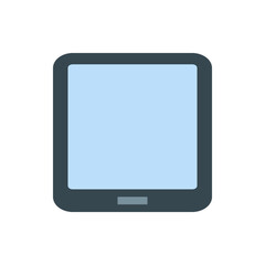 Illustration of a dark gray tablet device with rounded corners and a light blue screen and a gray button