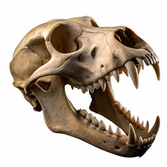 Obraz premium Wolf Skull with Open Jaws: A close-up shot of a wolf skull, its jaws agape revealing a formidable array of teeth, captivating viewers with its raw primal power. The skull's intricate bone structure.