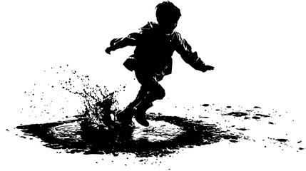 Kid jumping in puddle silhouette vector isolated on white background  -  