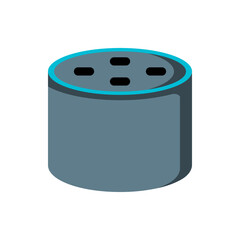 Illustration of a cylindrical smart speaker with four microphone holes and a blue accent ring on top