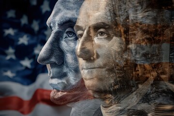Double exposure of founding fathers and U.S. flag.