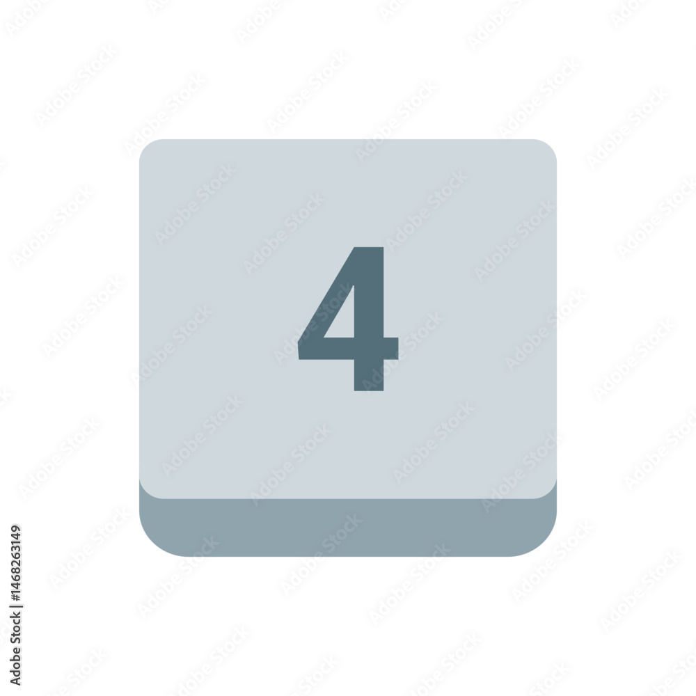 Poster illustration of a light gray square button with rounded corners displaying the number four in dark g