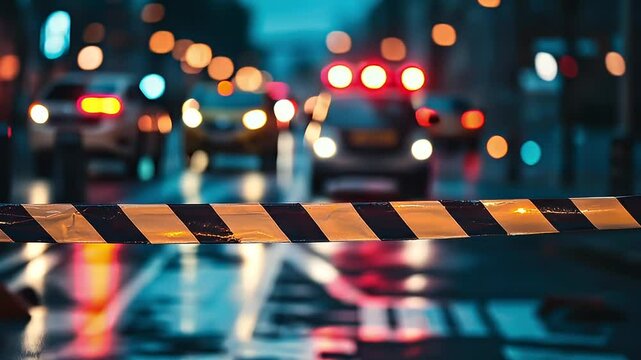 Yellow and Black Barricade Tape Blocking Road Scene at Night with Blurry Vehicle Lights and Wet Asphalt Surface