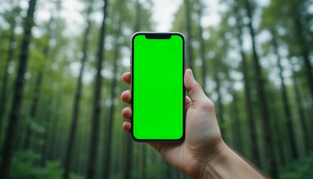 mobile phone in hand with green screen on forest background