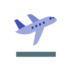 Illustration of a light blue airplane taking off with dark blue accents and a gray runway below it