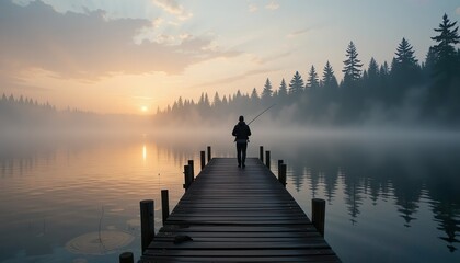 A peaceful fishing scene at sunrise by a quiet lake, with a person fishing from a wooden dock