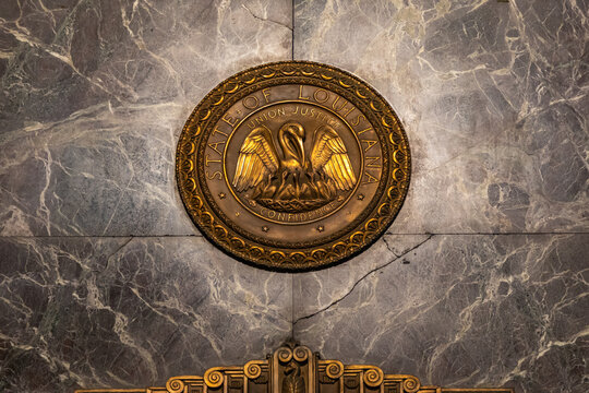 Bronze State of Louisiana Official Seal inside the Baton Rouge Capitol Building, on Marble Wall, Pelican Bird, Inscribed with Union, Justice and Confidence Motto