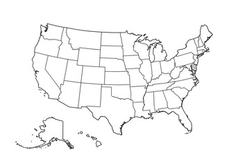 Simple outline map of the United States including Alaska and Hawaii, with state borders, suitable for educational use and presentations