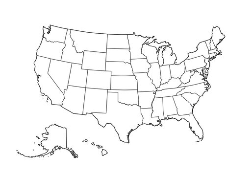 Simple outline map of the United States including Alaska and Hawaii, with state borders, suitable for educational use and presentations