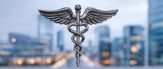 Silver caduceus symbol with blurred cityscape background.