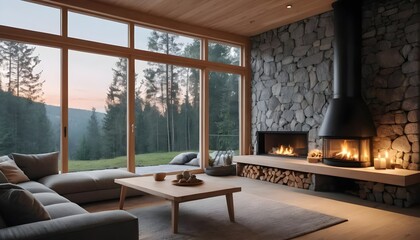 Cozy Cabin Living Room with Stone Fireplace and Forest View