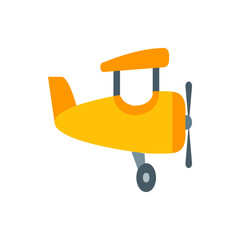 Illustration of a small yellow biplane with orange wings and a gray propeller on a white background