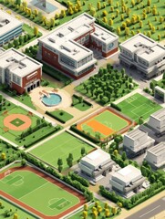 Obraz premium Isometric Illustration of a High School Campus Featuring Sports Fields and Recreational Areas With Well-Designed Facilities Generative AI