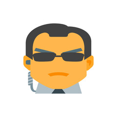 Illustration of a man with dark hair wearing sunglasses and a suit with a security earpiece looking stern