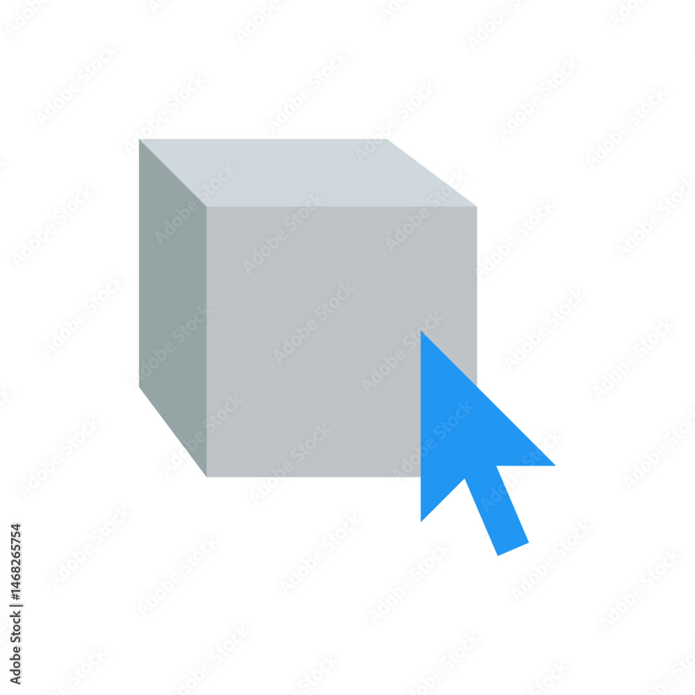 Poster a light gray cube is displayed next to a blue cursor pointing towards the cube on a white background
