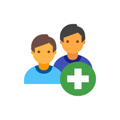 Two people avatars with orange skin tones and a green circle with a white plus sign on the right side image