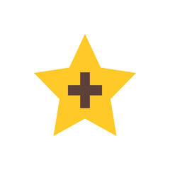 A yellow star with a brown plus sign centered on it, simple geometric shapes form a graphic icon design