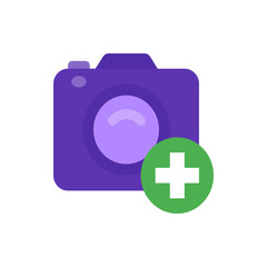 Purple camera icon with a lens and a green plus sign indicating an addition or new feature symbol icon