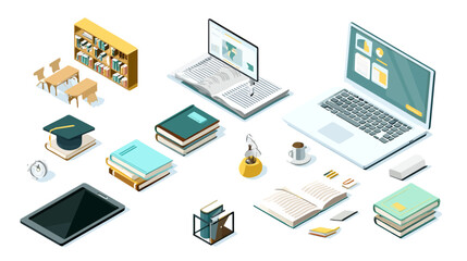 Online education isometric set simple vector on white background  -  