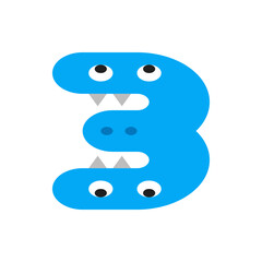 Illustration of a blue number three stylized as a monster with eyes and teeth on a white background