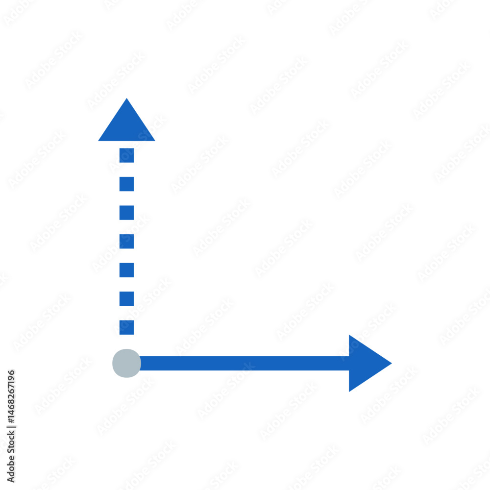 Poster blue coordinate axis with a solid arrow on the x axis and a dashed arrow on the y axis and a grey ci