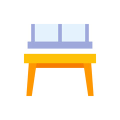 Illustration of a simple yellow and orange table with a blue and purple window above it shown indoors